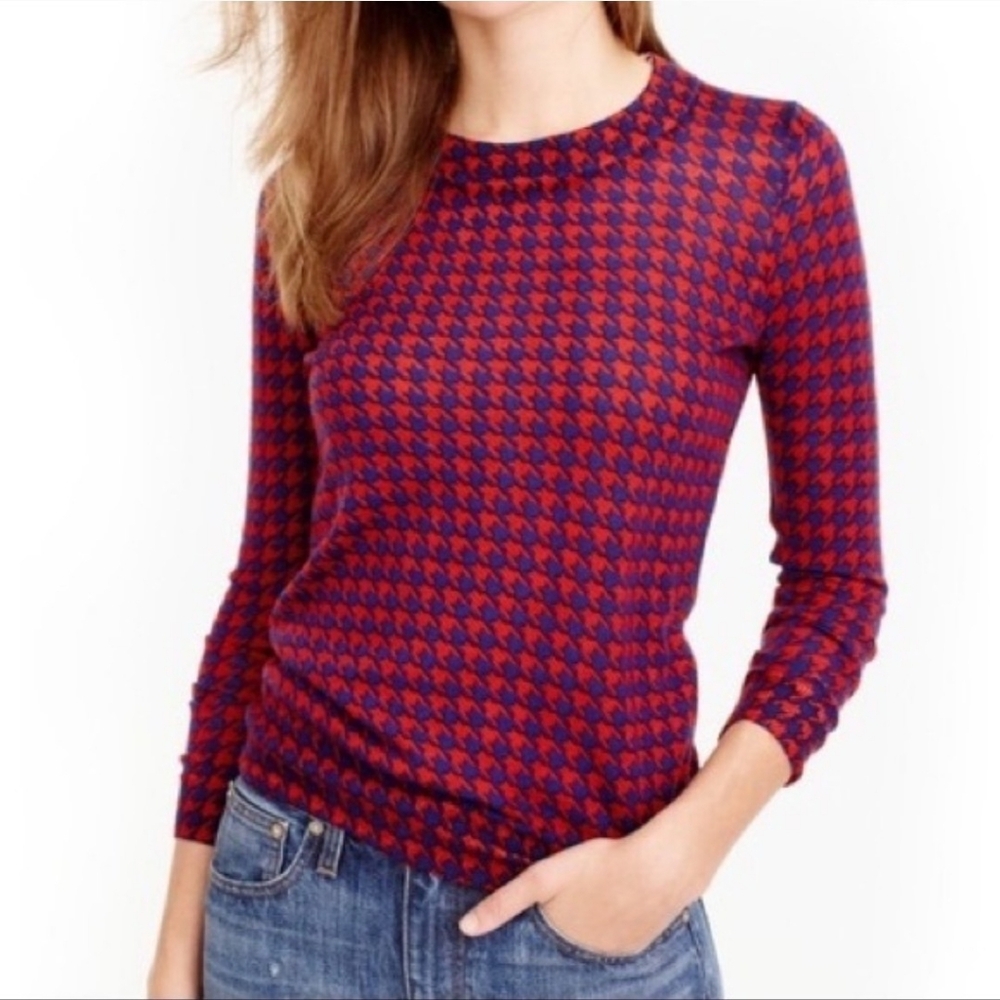 J.Crew Tippi 100% Merino Wool Red and Blue Houndstooth Crewneck Sweater Size XS
